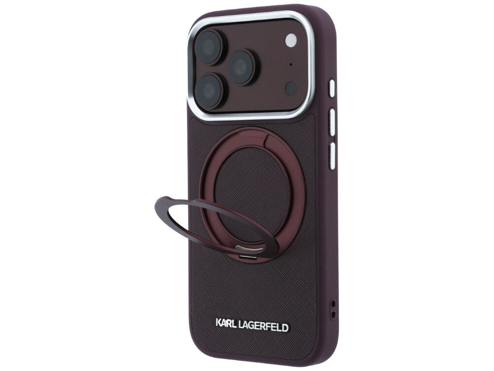 Burgundowe etui na telefon z pierścieniem do trzymania i logo \'KARL LAGERFELD\' na dole. Etui posiada wycięcia na aparat i przyciski boczne.