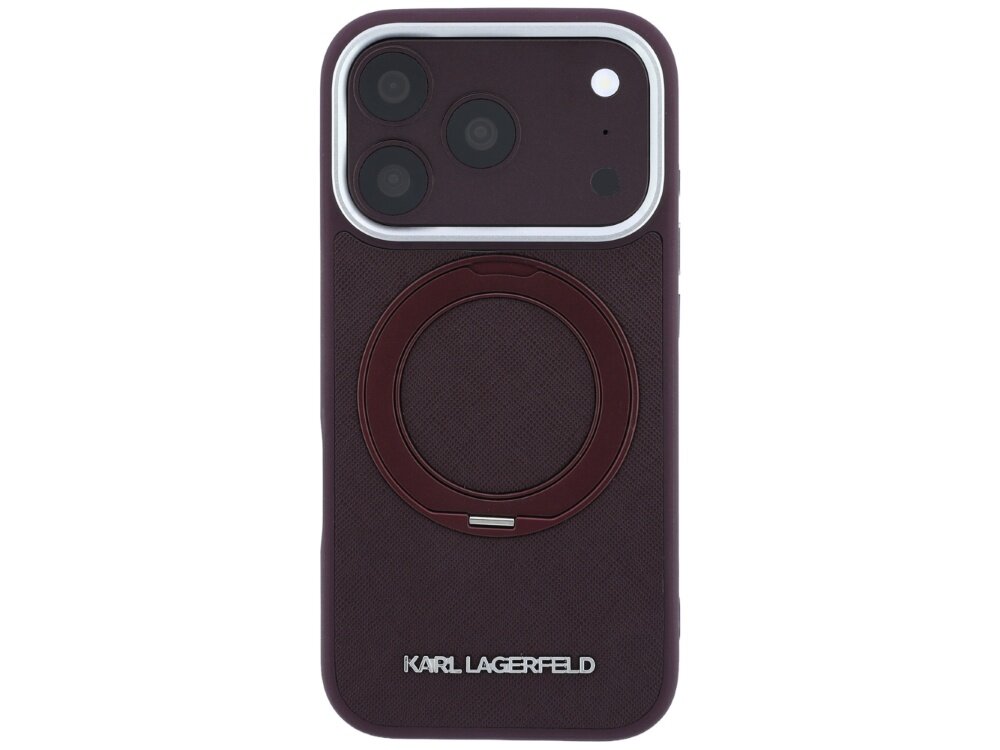 Burgundowe etui na telefon z okrągłym uchwytem na środku i trzema widocznymi obiektywami aparatu. Na dole widnieje napis \'KARL LAGERFELD\'.