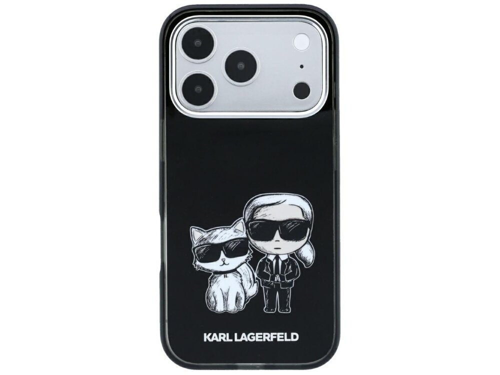 Czarne etui na telefon z grafiką przedstawiającą postacie w okularach przeciwsłonecznych oraz napisem \'KARL LAGERFELD\'.
