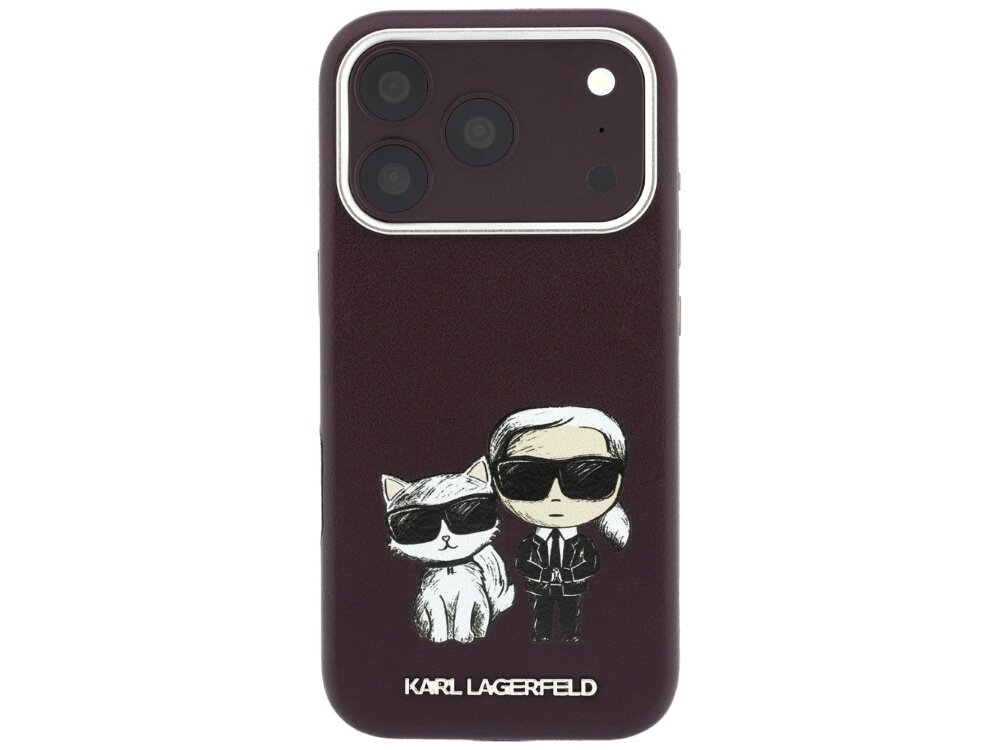 Burgundowe etui na telefon z grafiką przedstawiającą postać w okularach przeciwsłonecznych i kota. Na dole widoczny jest napis \'KARL LAGERFELD\'.