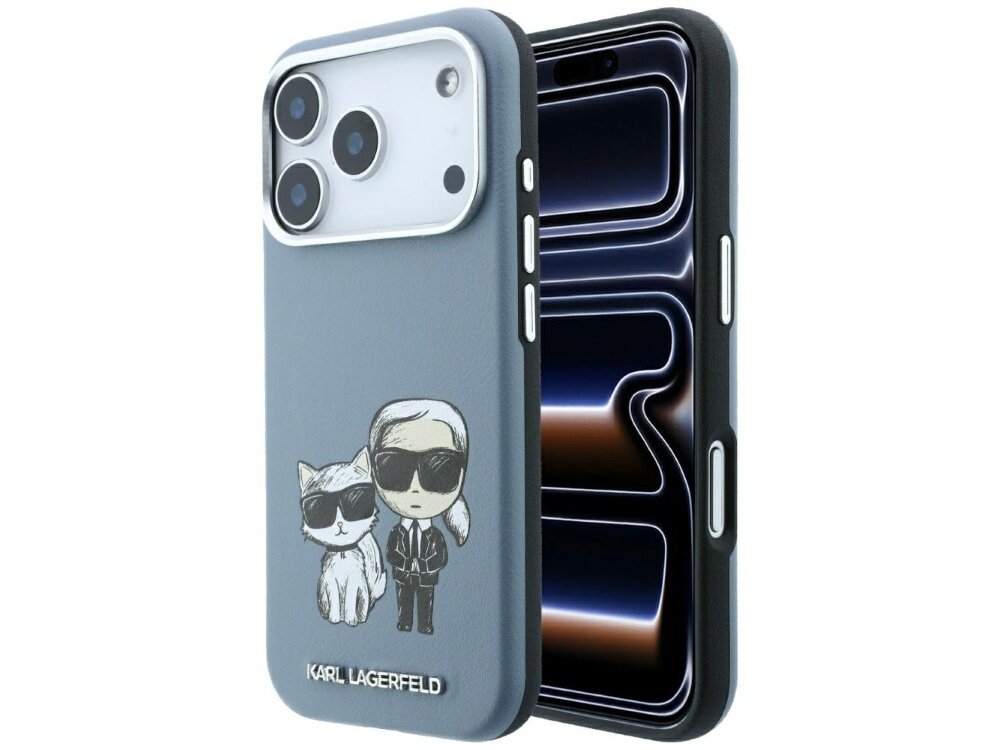 Jasnoniebieskie etui na telefon z grafiką przedstawiającą postacie w okularach przeciwsłonecznych. Na dole etui widnieje napis \'KARL LAGERFELD\'.