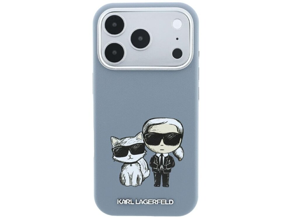 Jasnoniebieskie etui na telefon z grafiką przedstawiającą postać w okularach przeciwsłonecznych i kota. Na dole widoczny jest napis \'KARL LAGERFELD\'.