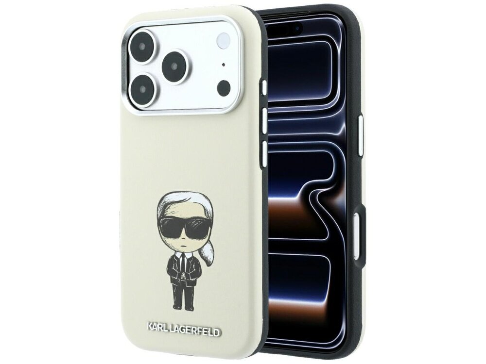Beżowe etui na telefon z grafiką postaci w okularach przeciwsłonecznych i napisem \'KARL LAGERFELD\'. Widoczny jest również telefon z trzema obiektywami aparatu.