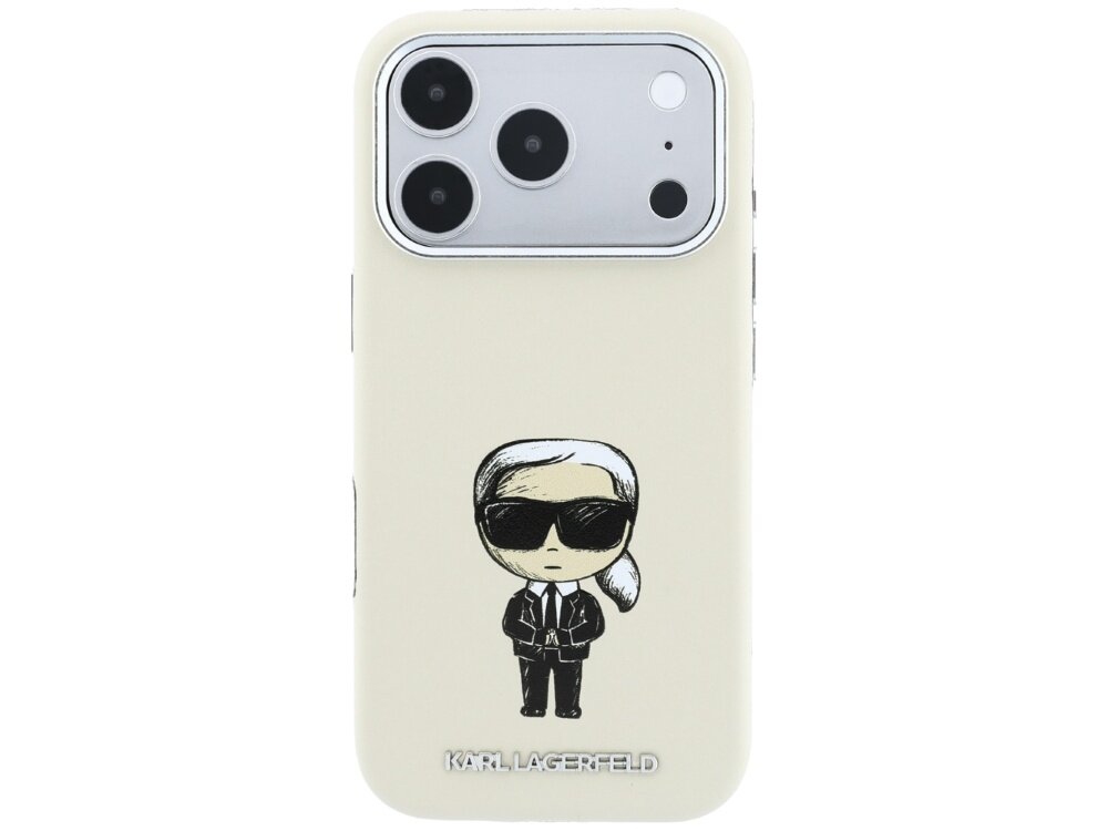 Beżowe etui na telefon z grafiką postaci w okularach przeciwsłonecznych i napisem \'KARL LAGERFELD\' na dole. Widoczny jest aparat telefonu z trzema obiektywami.