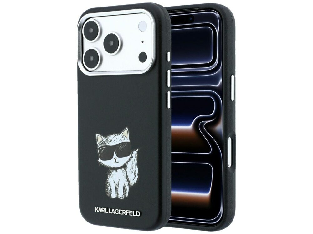 Czarne etui na telefon z rysunkiem kota w okularach przeciwsłonecznych i napisem \'KARL LAGERFELD\'. Etui jest dopasowane do telefonu z trzema aparatami i przyciskami bocznymi.