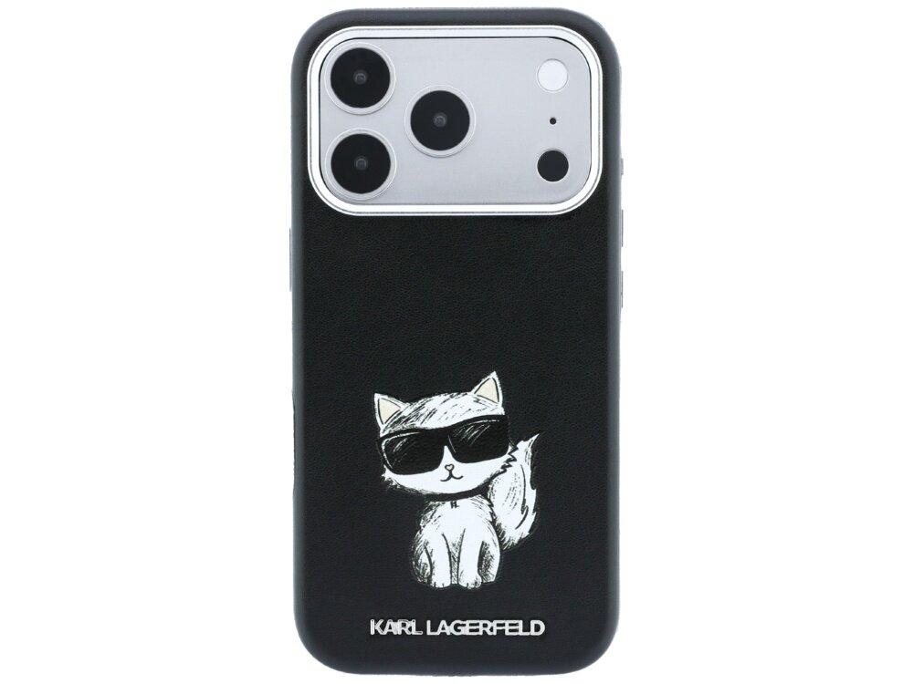 Czarne etui na telefon z rysunkiem kota w okularach przeciwsłonecznych oraz napisem \'KARL LAGERFELD\' na dole. Widoczny jest aparat telefonu z trzema obiektywami.