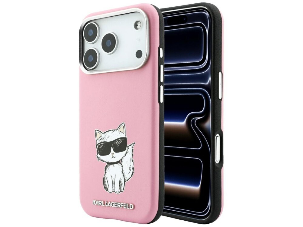 Różowe etui na telefon z grafiką kota w okularach przeciwsłonecznych i napisem \'KARL LAGERFELD\'.