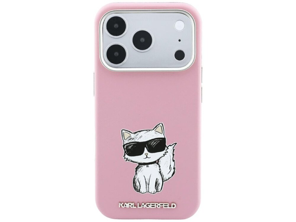 Różowe etui na telefon z rysunkiem kota w okularach przeciwsłonecznych. Na dole widoczny jest napis \'KARL LAGERFELD\'.
