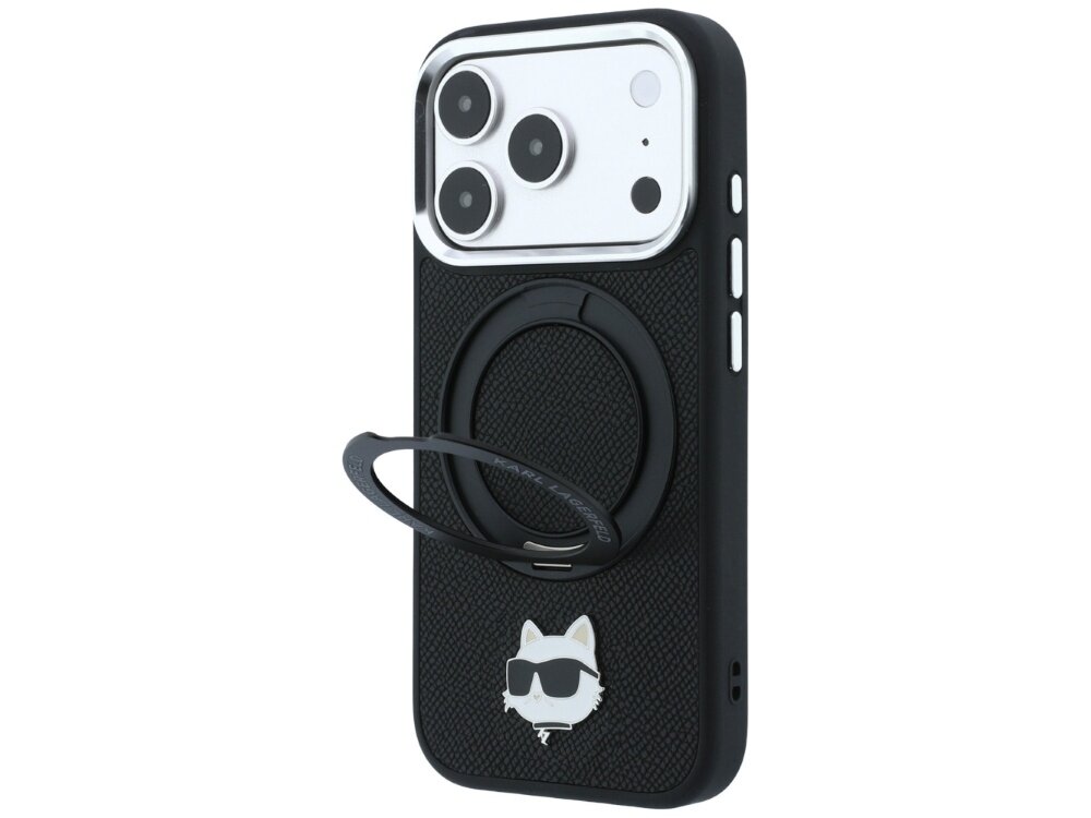 Czarne etui na telefon z okrągłym uchwytem i grafiką kota w okularach przeciwsłonecznych. Widoczne są trzy duże obiektywy aparatu telefonu.