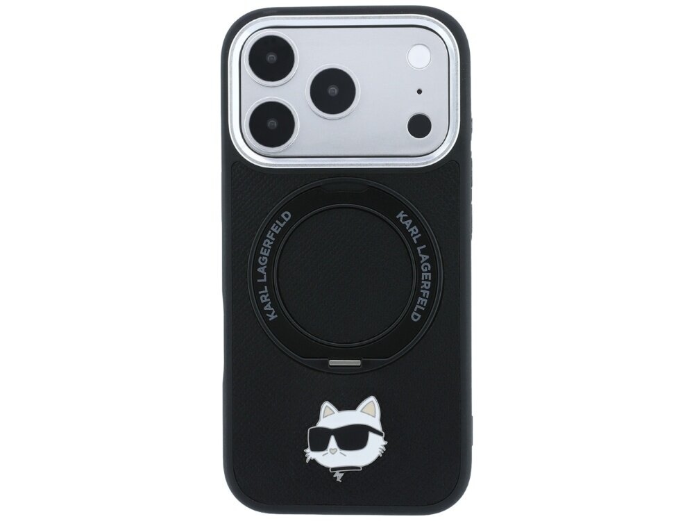 Czarne etui na telefon z trzema dużymi otworami na aparaty i jednym mniejszym. Na dole widoczna jest grafika kota w okularach przeciwsłonecznych oraz napis \'KARL LAGERFELD\' wokół okrągłego elementu.