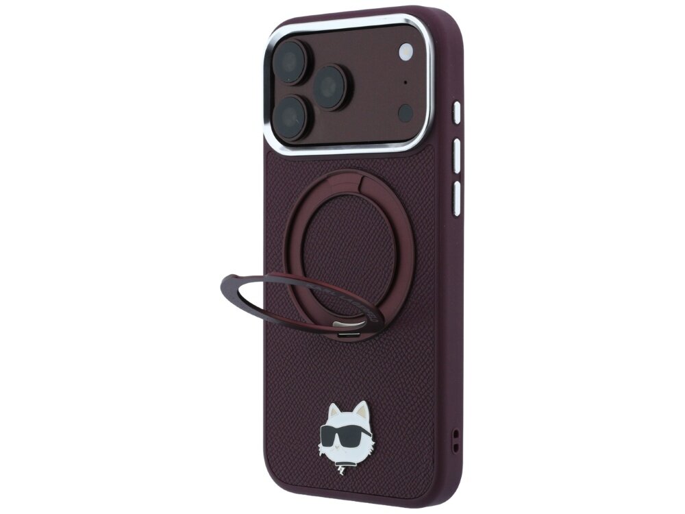 Burgundowe etui na telefon z okrągłym uchwytem i grafiką kota w okularach przeciwsłonecznych na dole. Etui posiada wycięcia na aparat i przyciski boczne.