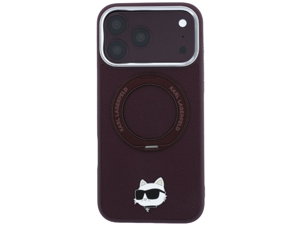 Burgundowe etui na telefon z trzema otworami na aparat i okrągłym elementem z napisem \'KARL LAGERFELD\'. Na dole znajduje się grafika białego kota w okularach przeciwsłonecznych.