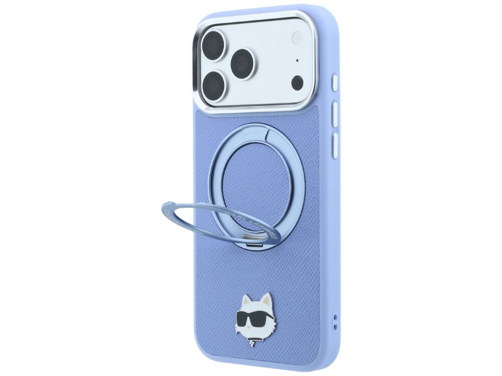 Jasnoniebieskie etui na telefon z metalowym pierścieniem na środku i emblematem kota w okularach przeciwsłonecznych na dole. Etui posiada wycięcia na aparat i przyciski boczne.