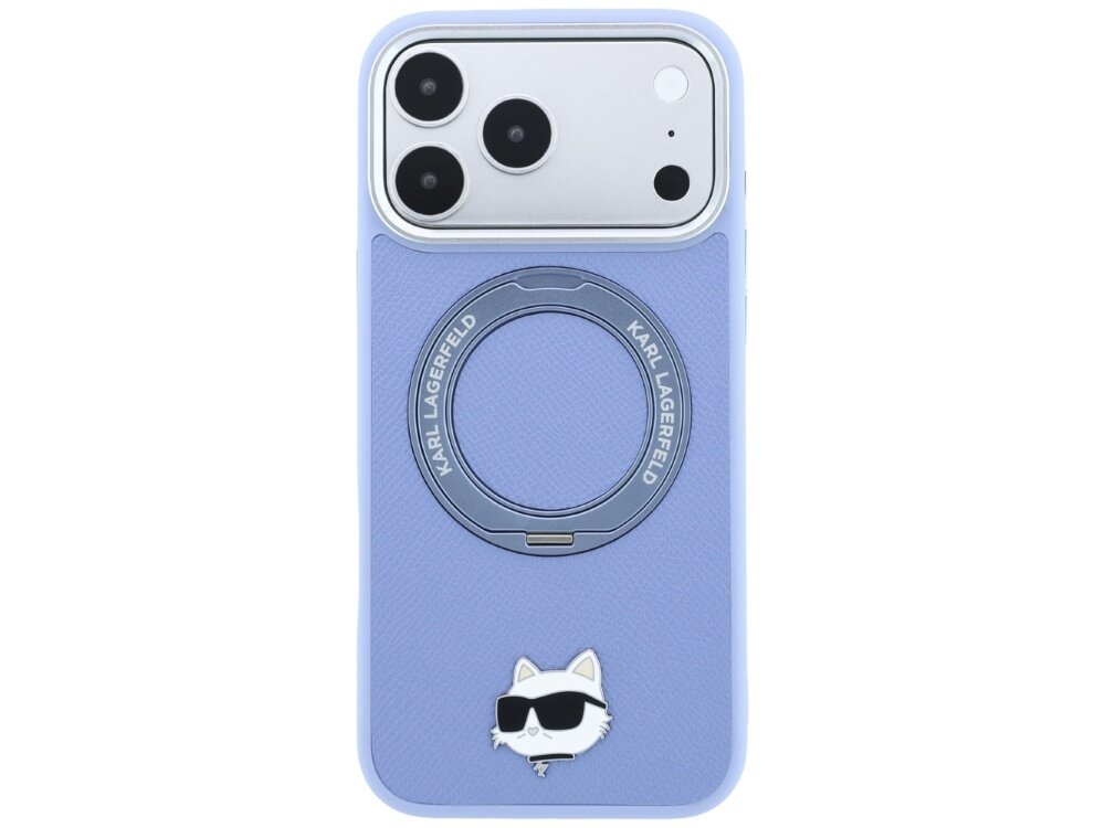 Jasnoniebieskie etui na telefon z logo \'KARL LAGERFELD\' wokół okrągłego wycięcia na MagSafe. Na dole znajduje się emblemat białej postaci w okularach przeciwsłonecznych.