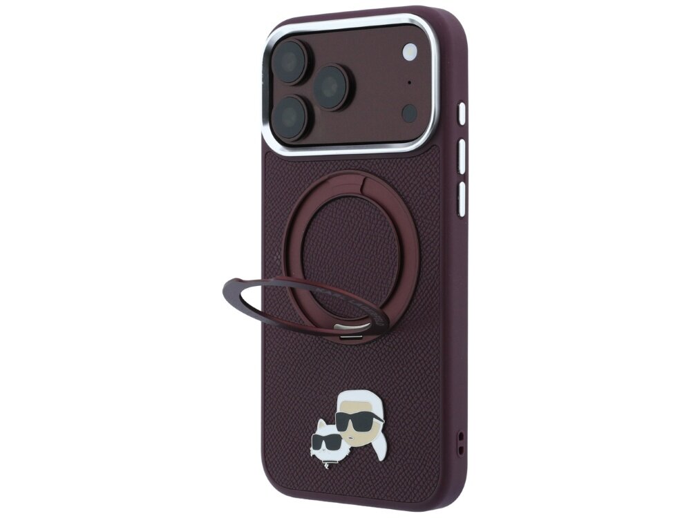 Burgundowe etui na telefon z trzema aparatami, posiada okrągły uchwyt i grafikę przedstawiającą dwie postacie w okularach przeciwsłonecznych.
