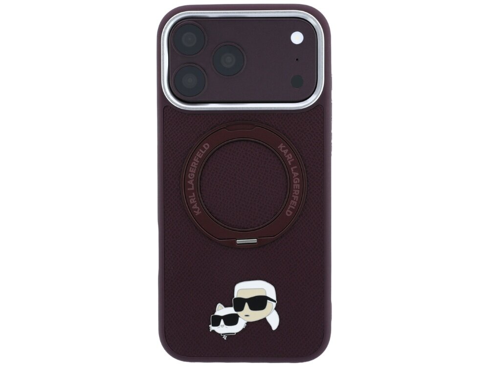 Burgundowe etui na telefon z trzema aparatami, ozdobione grafiką przedstawiającą postać w okularach przeciwsłonecznych oraz kota. Na etui widoczny jest napis \'KARL LAGERFELD\'.