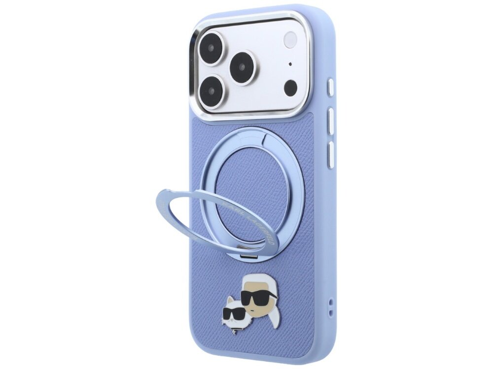Jasnoniebieskie etui na telefon z trzema dużymi otworami na aparat oraz metalowym pierścieniem na tylnej części. Na dole etui znajduje się grafika przedstawiająca postać w okularach przeciwsłonecznych i kota.