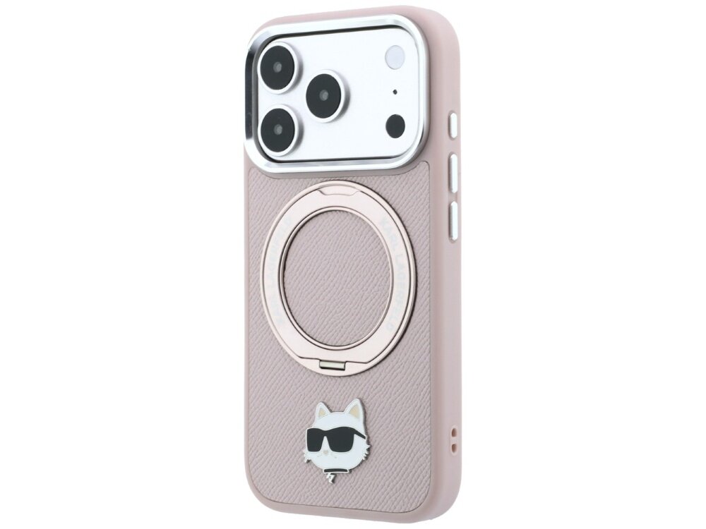 Różowe etui na telefon z trzema dużymi otworami na aparat oraz metalowym pierścieniem na środku. Na dole znajduje się ozdoba w kształcie głowy kota w okularach przeciwsłonecznych.
