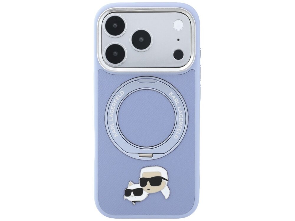 Jasnoniebieskie etui na telefon z trzema dużymi otworami na aparat i okrągłym elementem z napisem \'KARL LAGERFELD\'. Na dole znajduje się grafika przedstawiająca postać w okularach przeciwsłonecznych i kota.