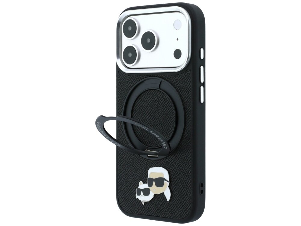 Czarne etui na telefon z trzema dużymi otworami na aparaty oraz grafiką przedstawiającą postać w okularach przeciwsłonecznych i kota. Na etui znajduje się również pierścień z napisem \'KARL LAGERFELD\'.