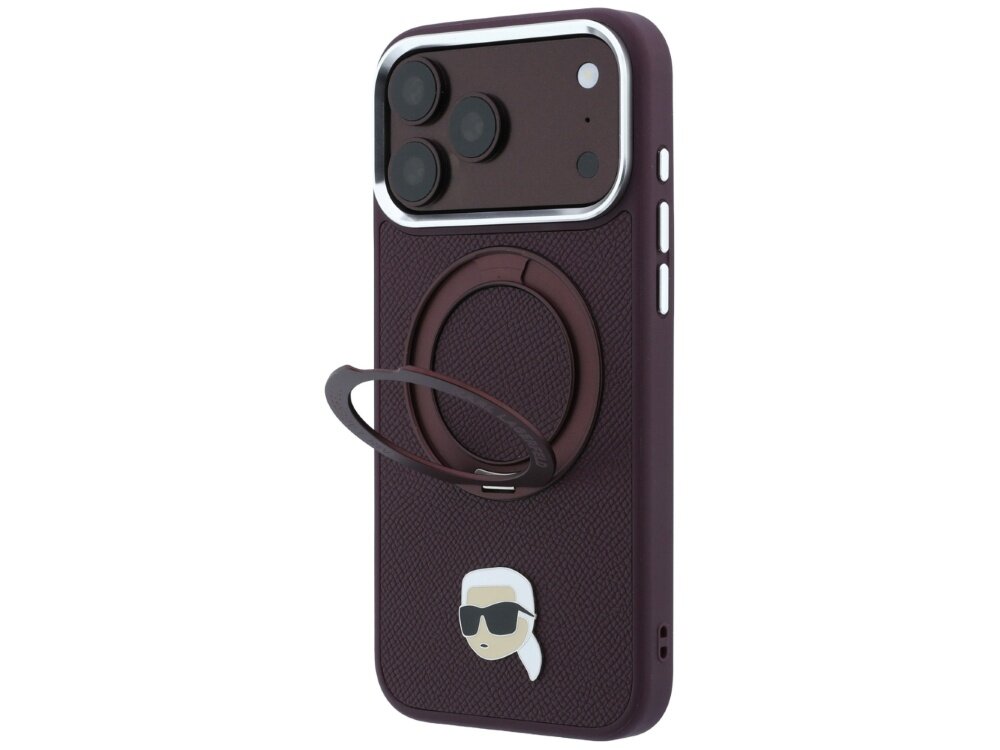 Burgundowe etui na telefon z trzema aparatami, posiada okrągły uchwyt i grafikę przedstawiającą postać w okularach przeciwsłonecznych. Etui ma teksturowaną powierzchnię i przyciski boczne.