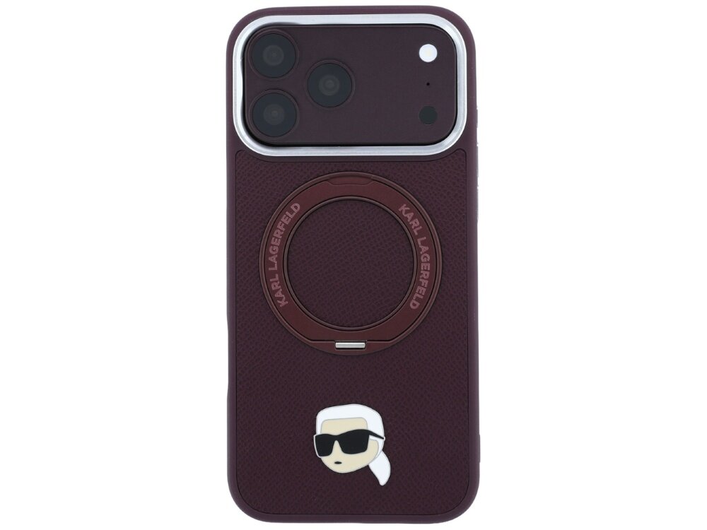 Burgundowe etui na telefon z trzema aparatami, ozdobione grafiką głowy w okularach przeciwsłonecznych. Na etui widoczny jest napis \'KARL LAGERFELD\'.