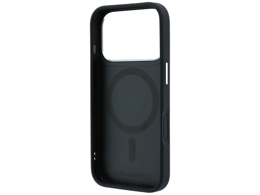 Czarne etui na telefon z dużym otworem na aparat i logo \'KARL LAGERFELD\' na dole. Wewnątrz widoczny jest okrągły wzór, sugerujący kompatybilność z MagSafe.