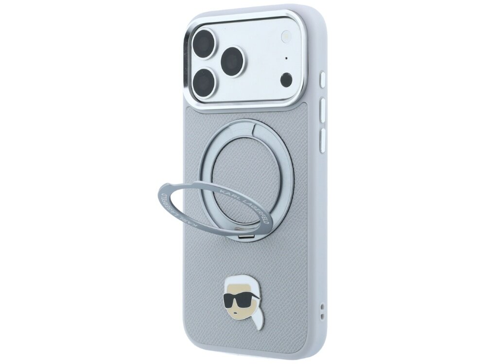 Szare etui na telefon z okrągłym uchwytem i małą grafiką przedstawiającą postać w okularach przeciwsłonecznych. Etui posiada wycięcia na aparat i przyciski boczne.