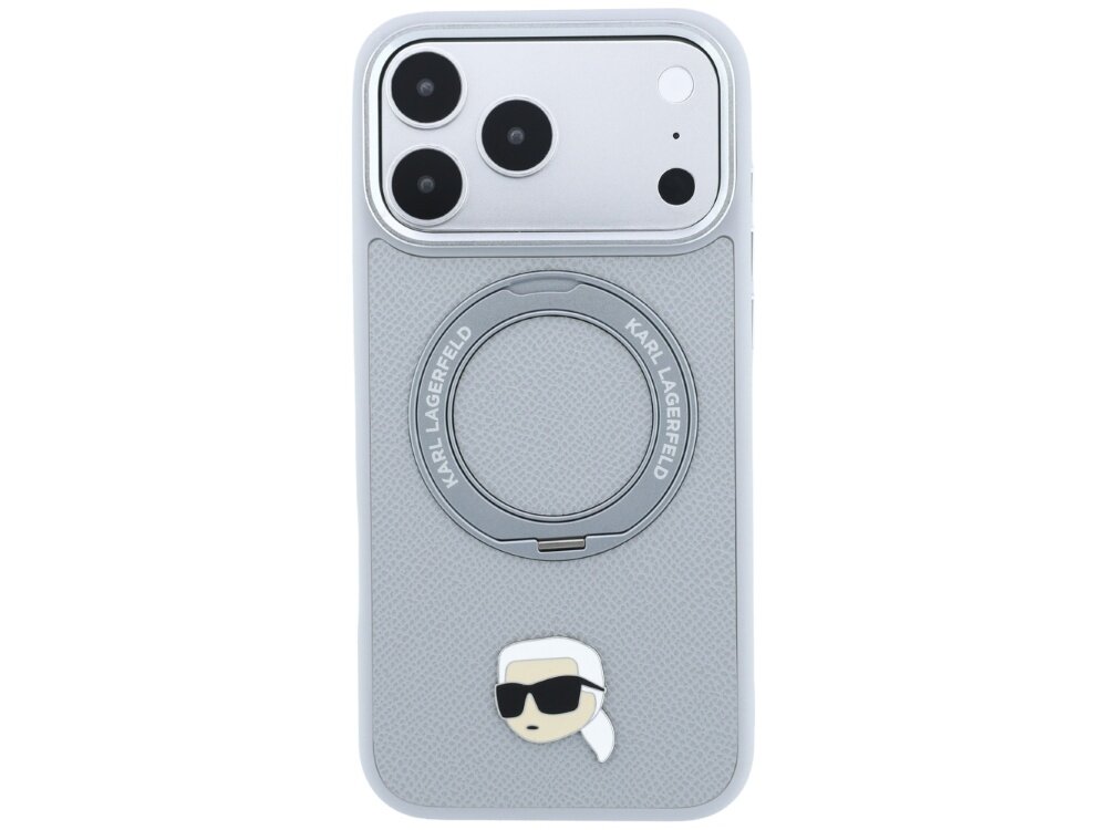 Szare etui na telefon z trzema otworami na aparaty i okrągłym elementem z napisem \'KARL LAGERFELD\'. Na dole znajduje się mała grafika przedstawiająca postać w okularach przeciwsłonecznych.