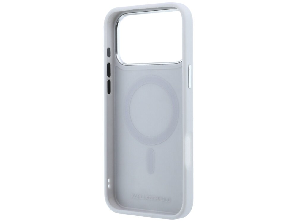 Szare etui na telefon z dużym otworem na aparat i logo \'Karl Lagerfeld\' na dole. Wewnątrz widoczny jest okrągły wzór sugerujący kompatybilność z MagSafe.