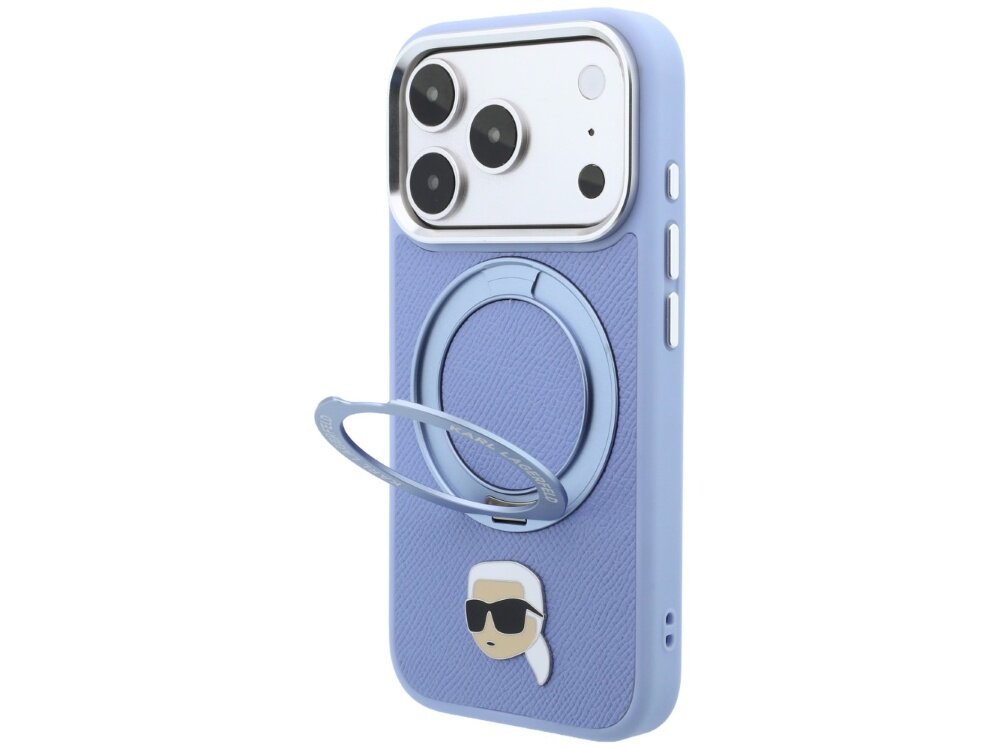 Jasnoniebieskie etui na telefon z okrągłym uchwytem i grafiką przedstawiającą postać w okularach przeciwsłonecznych. Etui jest dopasowane do telefonu z trzema widocznymi obiektywami aparatu.