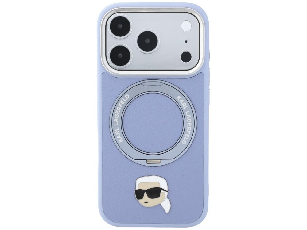 Jasnoniebieskie etui na telefon z trzema dużymi otworami na aparat i okrągłym elementem z napisem \'KARL LAGERFELD\'. Na dole znajduje się mała grafika przedstawiająca głowę w okularach przeciwsłonecznych.