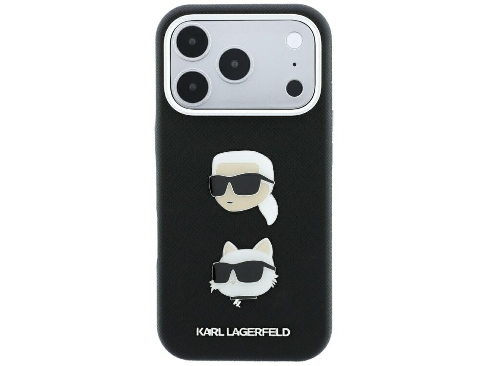 Czarne etui na telefon z dwoma przypinkami przedstawiającymi postacie w okularach przeciwsłonecznych. Na dole widoczny jest napis \'KARL LAGERFELD\'.