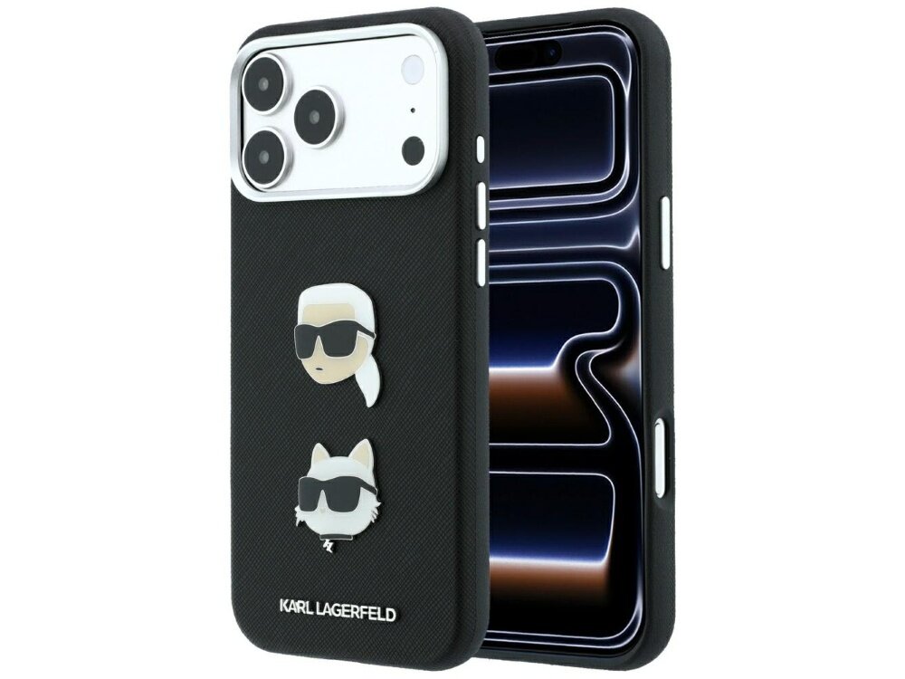 Czarne etui na telefon z dwoma przypinkami przedstawiającymi postacie w okularach przeciwsłonecznych oraz napisem \'KARL LAGERFELD\' na dole. W tle widoczny jest telefon z wyświetlaczem o abstrakcyjnym wzorze.