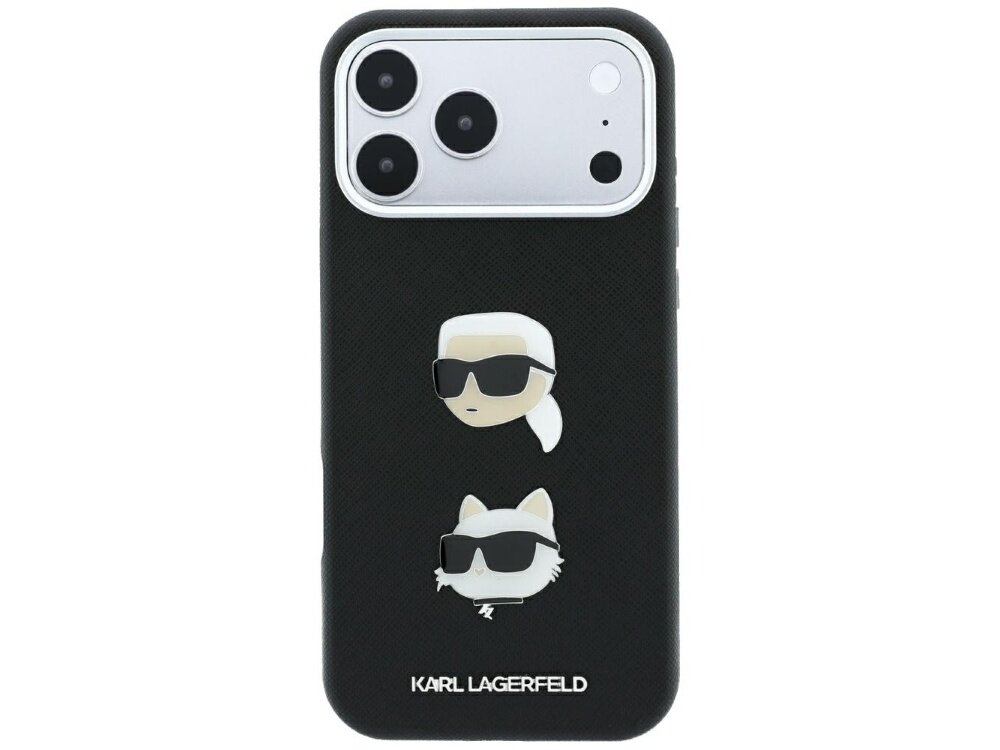 Czarne etui na telefon z dwoma przypinkami przedstawiającymi postacie w okularach przeciwsłonecznych oraz logo \'KARL LAGERFELD\' na dole. Etui jest dopasowane do telefonu z trzema obiektywami aparatu.
