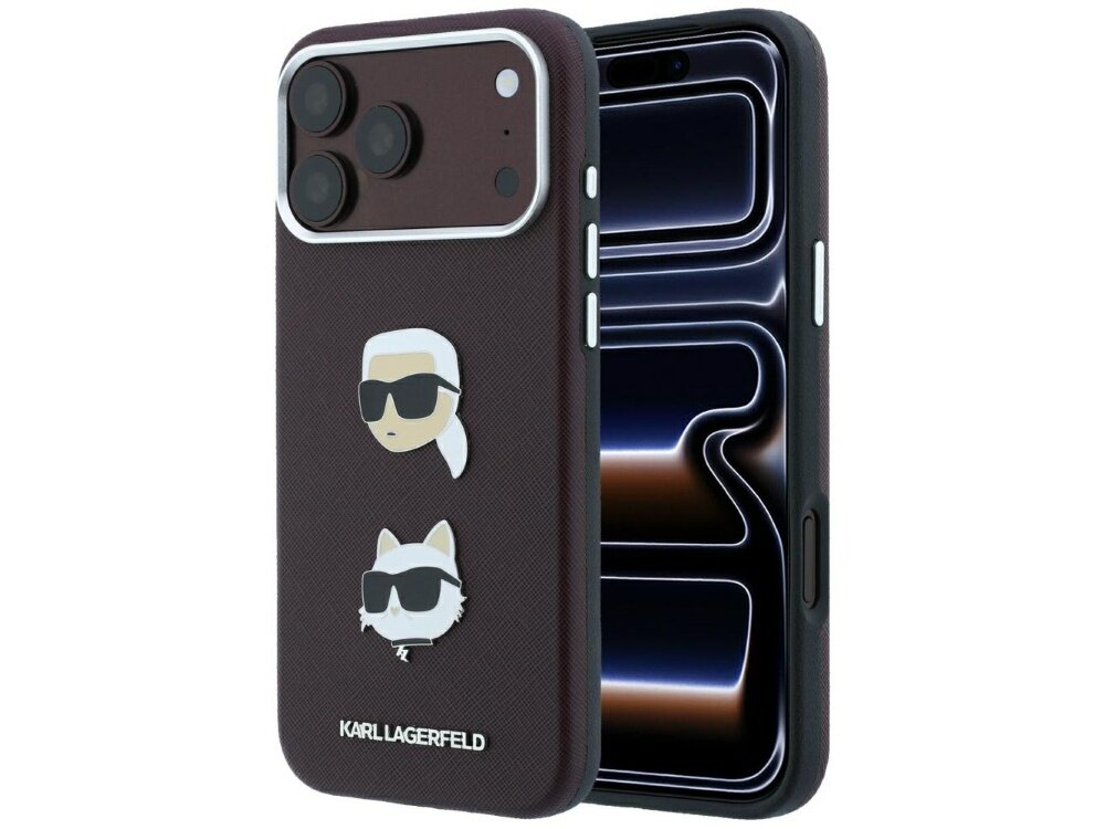 Etui na telefon w kolorze burgundowym z dwoma przypinkami przedstawiającymi postacie w okularach przeciwsłonecznych oraz logo \'KARL LAGERFELD\'.