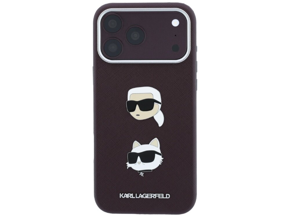 Burgundowe etui na telefon z dwoma przypinkami przedstawiającymi postacie w okularach przeciwsłonecznych. Na dole widoczny jest napis \'KARL LAGERFELD\'.