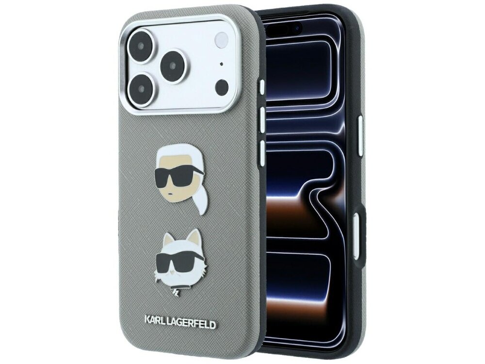 Szare etui na telefon z dwoma przypinkami przedstawiającymi postacie w okularach przeciwsłonecznych oraz napisem \'KARL LAGERFELD\' na dole. Etui jest dopasowane do telefonu z trzema obiektywami aparatu.