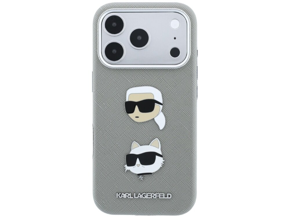 Szare etui na telefon z dwoma przypinkami przedstawiającymi postacie w okularach przeciwsłonecznych oraz napisem \'KARL LAGERFELD\' na dole. Widoczny jest aparat telefonu z trzema obiektywami.