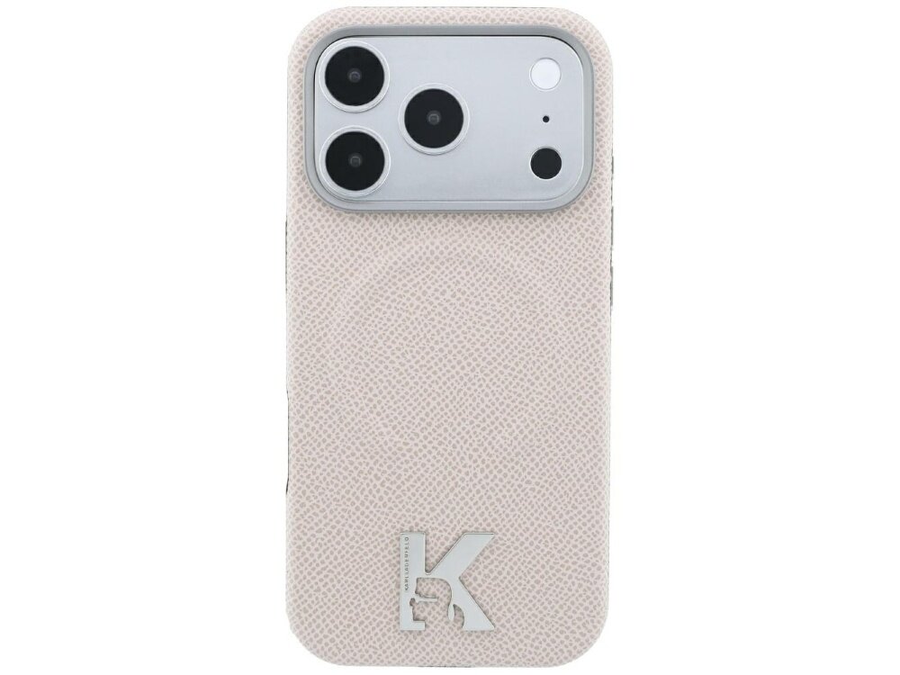 Beżowe etui na telefon z trzema wycięciami na aparaty i logo \'K\' na dole. Powierzchnia etui ma teksturę przypominającą skórę.