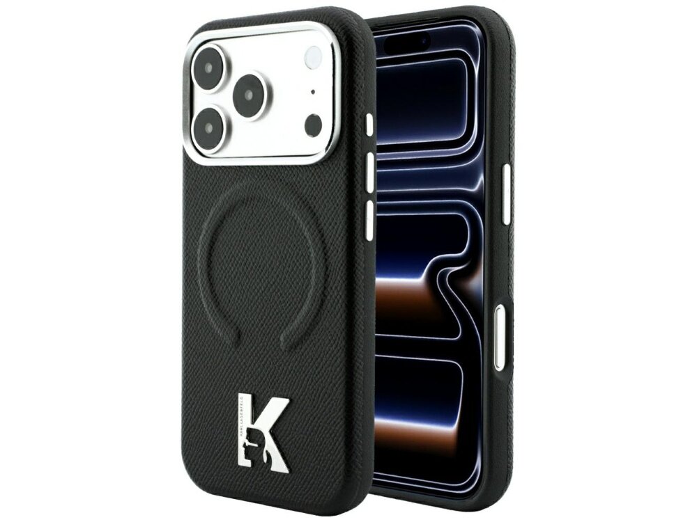 Czarne etui na telefon z wytłoczonym wzorem i dużą literą \'K\' na dole. Widoczny jest także telefon z trzema dużymi obiektywami aparatu.