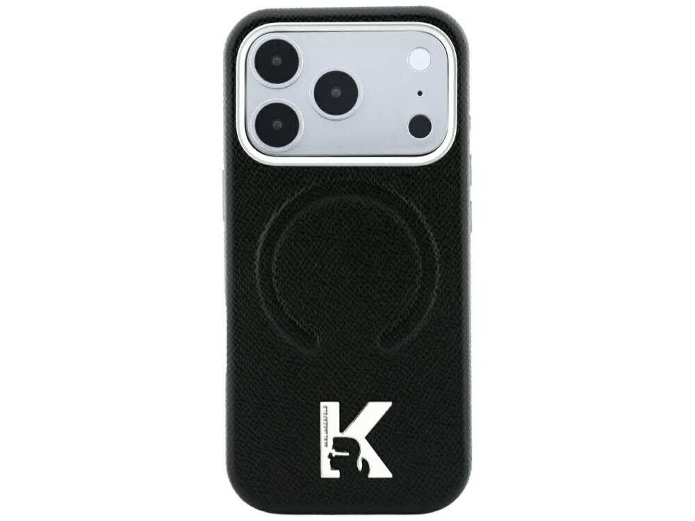 Czarne etui na telefon z trzema widocznymi obiektywami aparatu i logo \'KARL LAGERFELD\' na dole. Etui ma teksturę i wytłoczony okrągły wzór.