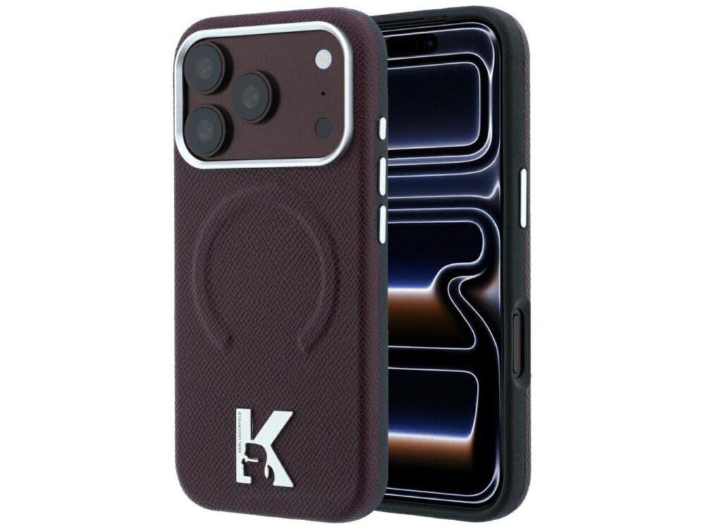 Burgundowe etui na telefon z widocznym logo \'K\' w dolnej części. Etui posiada teksturę i wycięcia na aparat oraz przyciski.