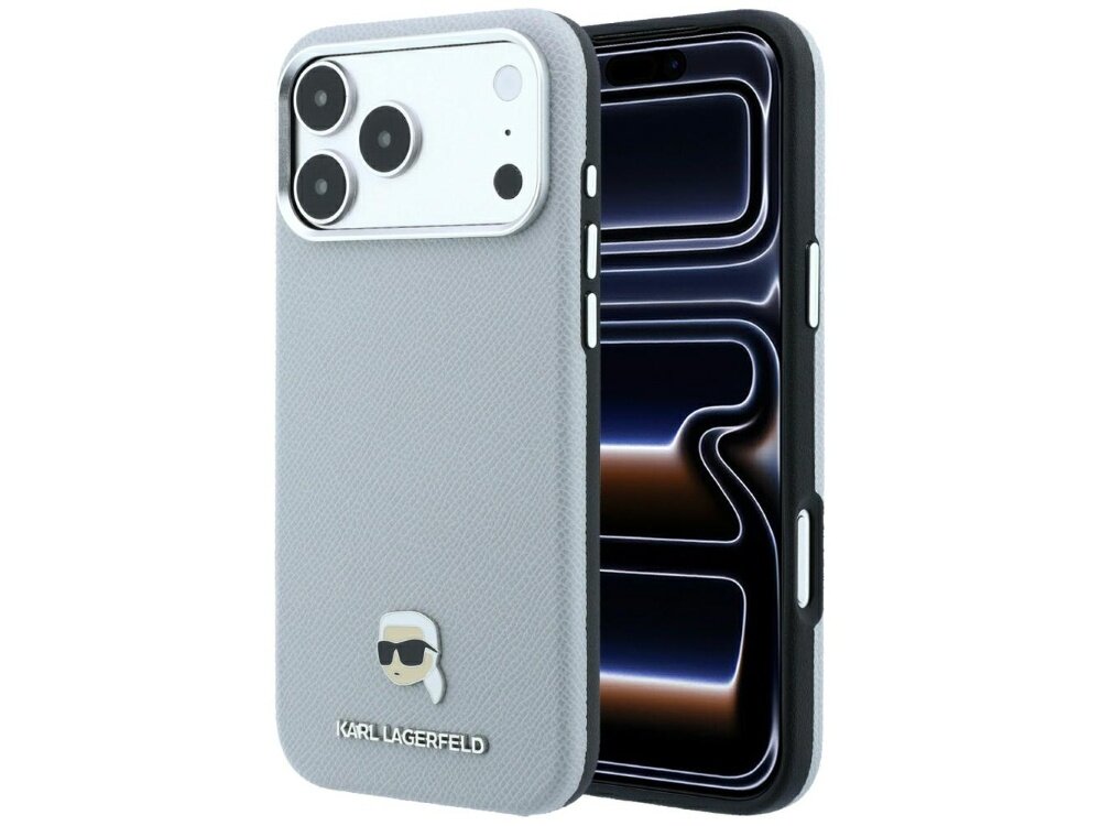 Szare etui na telefon z logo KARL LAGERFELD i metalowym emblematem przedstawiającym głowę w okularach. Etui jest dopasowane do modelu telefonu z trzema dużymi obiektywami aparatu.