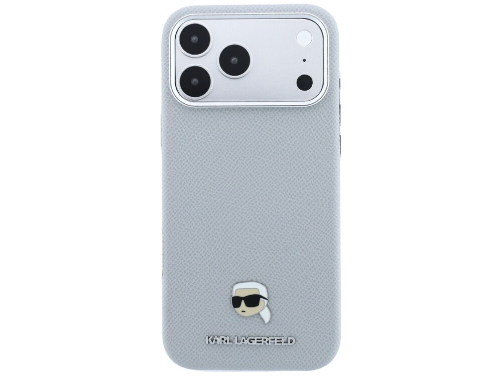 Szare etui na telefon z trzema dużymi otworami na aparaty i małym logo przedstawiającym postać w okularach. Na dole widoczny jest napis \'KARL LAGERFELD\'.