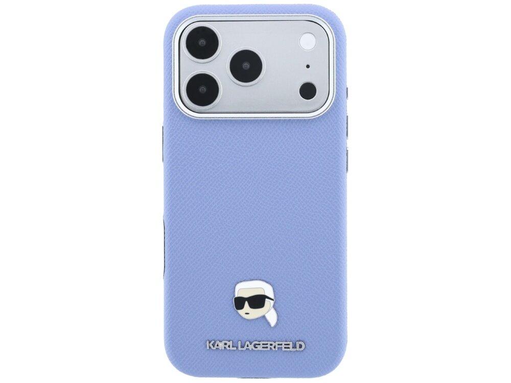 Jasnoniebieskie etui na telefon z trzema dużymi otworami na aparaty i mniejszymi na inne elementy. Na dole widoczne jest logo \'KARL LAGERFELD\' oraz mała grafika przedstawiająca postać w okularach przeciwsłonecznych.