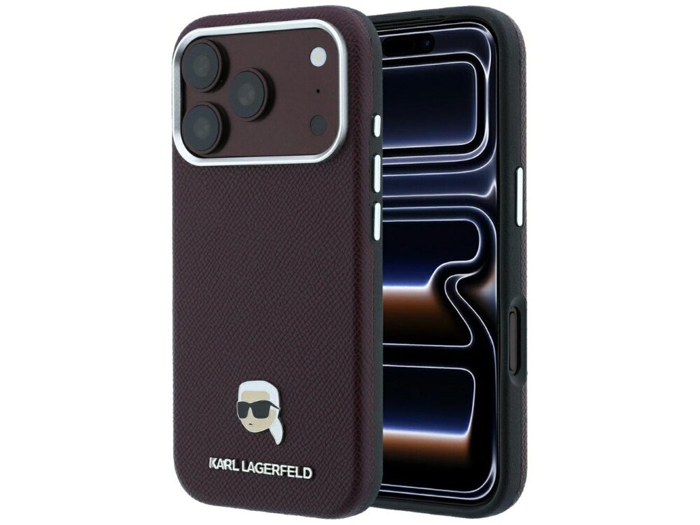 Etui w kolorze burgundowym z logo KARL LAGERFELD i grafiką głowy w okularach przeciwsłonecznych. Widoczny jest telefon z trzema obiektywami aparatu i ekranem z abstrakcyjnym wzorem.