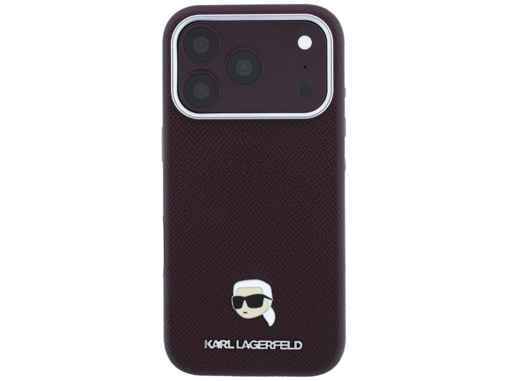 Burgundowe etui na telefon z trzema widocznymi obiektywami aparatu. Na dole znajduje się logo \'KARL LAGERFELD\' oraz mała grafika przedstawiająca postać w okularach przeciwsłonecznych.