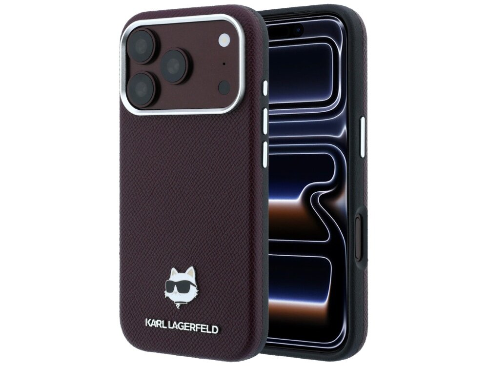 Etui na telefon w kolorze burgundowym z logo KARL LAGERFELD i grafiką kota w okularach. Widoczne są wycięcia na aparat i przyciski boczne.