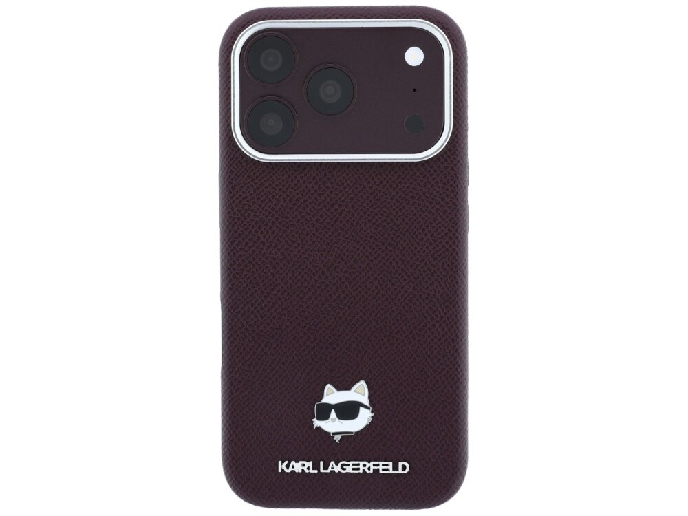 Burgundowe etui na telefon z trzema widocznymi obiektywami aparatu. Na dole znajduje się logo w kształcie głowy kota w okularach przeciwsłonecznych oraz napis \'KARL LAGERFELD\'.